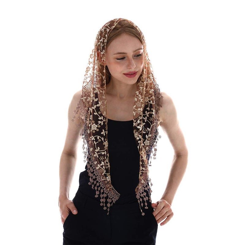 LMVERNA Triangle Floral Veils Tulle Scarf Head Covering for Church (Nude) - Image 1